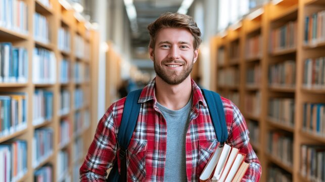 Handsome Smile student man with backpack and books in library, education, university, cheerful, college, happy, standing, school, backpack, attractive, enjoyment, confidence
