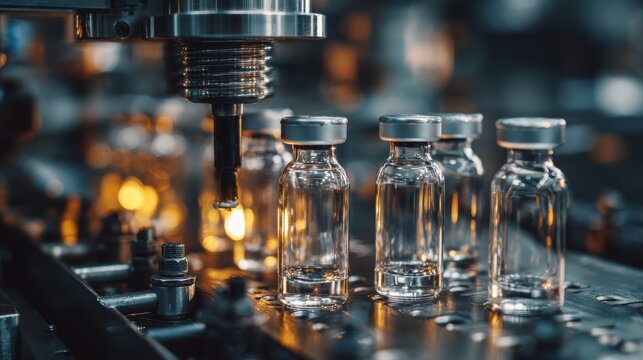 Medical vials on production line at pharmaceutical factory, Pharmaceutical machine working pharmaceutical glass bottles production line, health care, pandemic