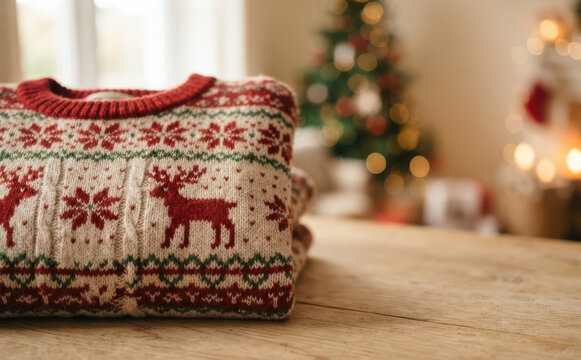 Folded Christmas sweater with reindeer and snowflake pattern on wooden table in holiday home interior