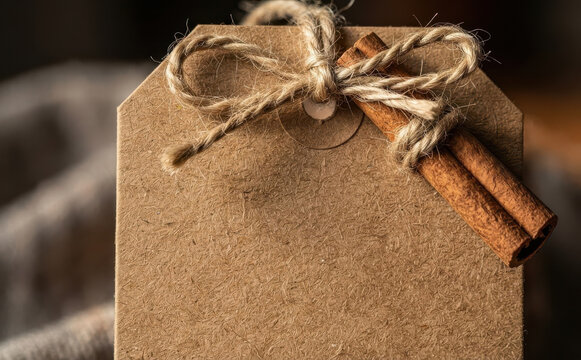 Blank brown craft paper gift tag decorated with twine bow and cinnamon sticks for rustic holidays