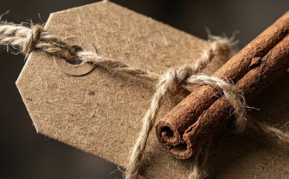 Rustic brown cardboard gift tag tied with natural jute twine and cinnamon sticks for autumn holidays