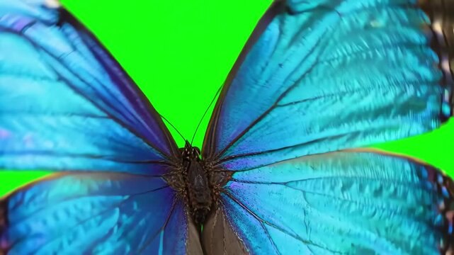 Shimmering iridescent blue butterfly wings fluttering rapidly on a solid green screen backdrop for visual effects