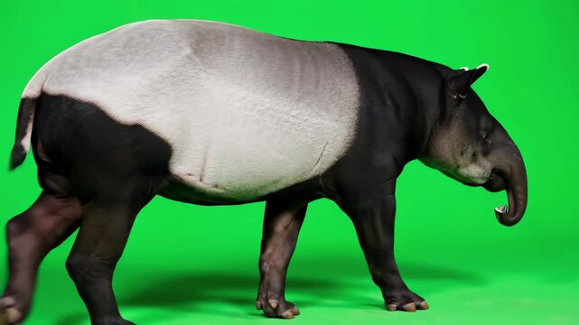 Side profile of a Malayan tapir walking slowly across a green screen background in slow motion
