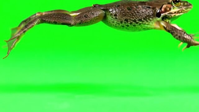 Side view of a common pond frog performing a long jump on a solid green screen backdrop for post production