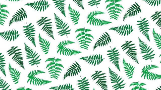 Green fern leaf pattern drifting slowly on the diagonal across a white background in a seamless loop