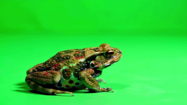 Side view of a tropical toad jumping repeatedly across a flat chroma key green screen studio floor