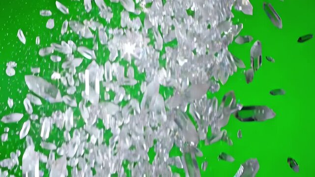 Shimmering clear quartz mineral stones falling in a dense shower across a green screen backdrop