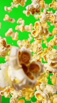 Slow motion explosion of popped popcorn pieces bursting towards the camera over a solid green screen backdrop