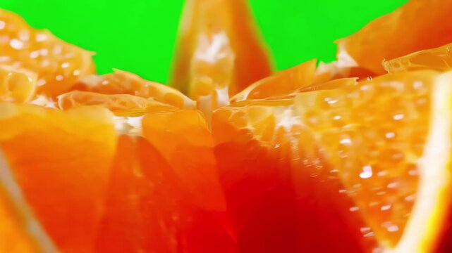 Sliced organic orange segments spinning horizontally against a bright green screen background