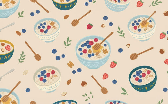 pattern with bowls of oatmeal, berries, honey and nuts for healthy breakfast