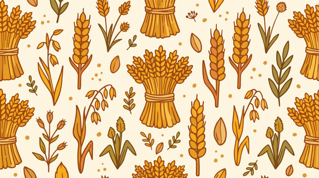 Fall harvest grain pattern with wheat stalks and sheaves in a seamless design