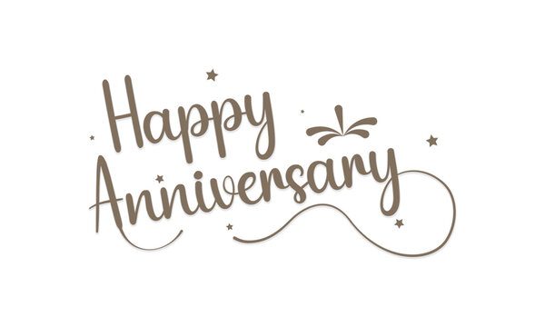 Happy Anniversary Elegant Handwritten Script Lettering with Decorative Flourishes and Stars on White Background
