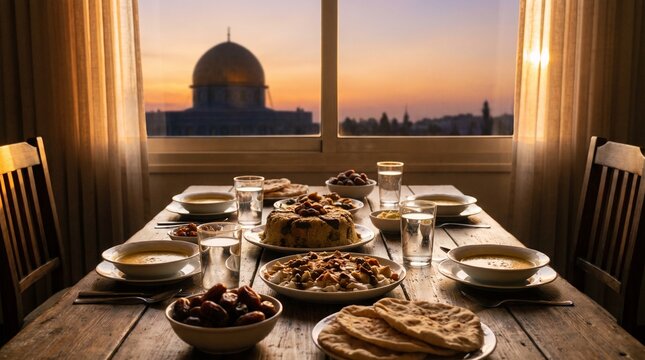 Ramadan iftar table spread overlooking Jerusalem dome at sunset