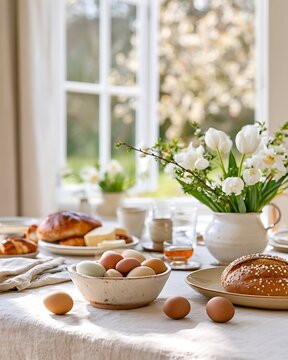 Easter breakfast table setting with colorful eggs, fresh bread and spring flowers
