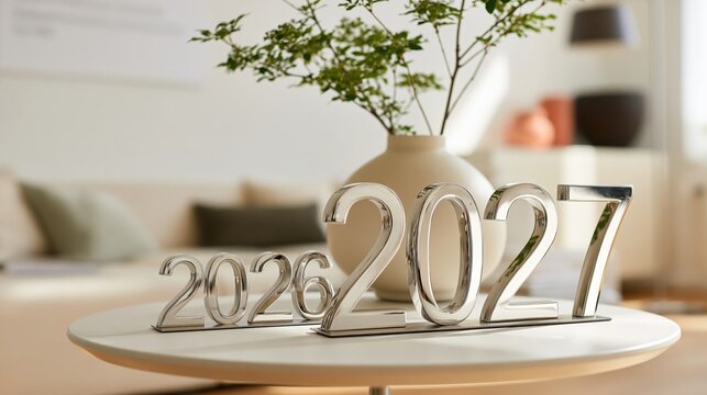 Shiny chrome numbers 2026 and 2027 on a white table with a vase of greenery in the background