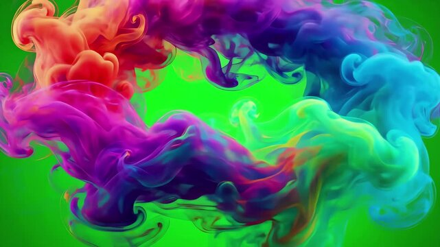 Vibrant multicolored smoke ring expanding and swirling across a bright green screen background with soft cinematic movement