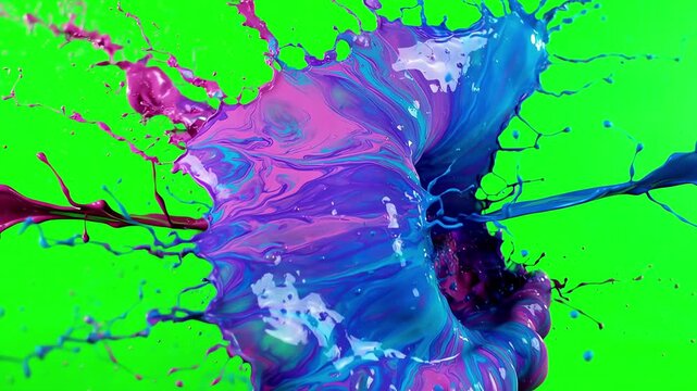 Vibrant pink and blue liquid paint colliding in midair against a bright green screen background creating abstract splashes