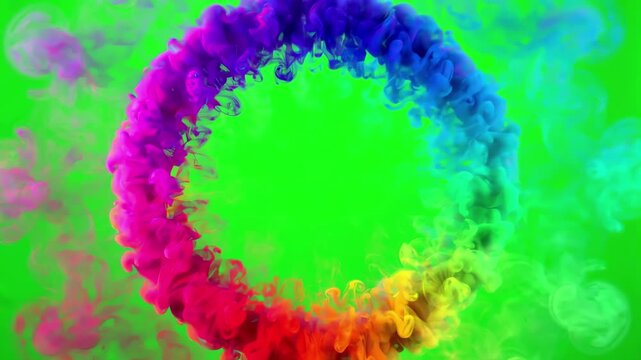 Vibrant multi-colored smoke ring expanding and spinning against a bright green screen background