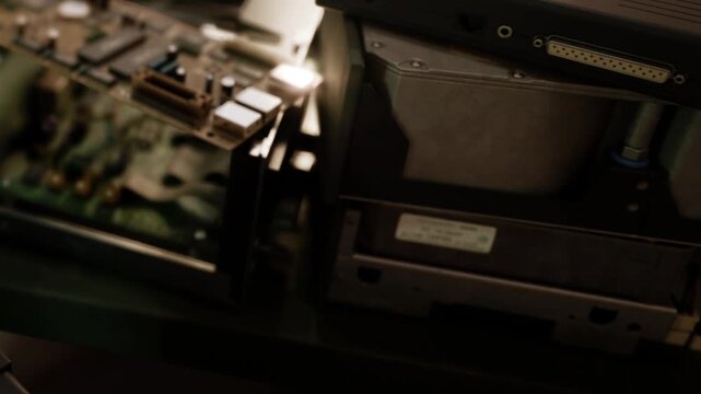 Electronic components and circuit boards inside dark machinery equipment during assembly and testing work in a factory setting