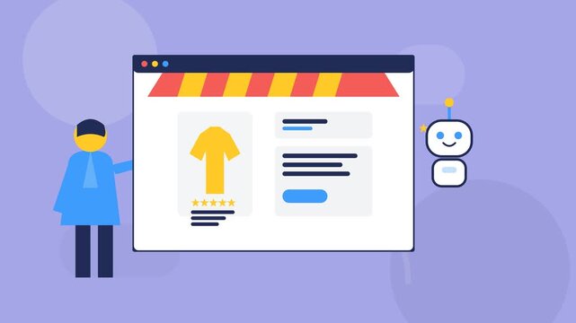 AI-powered ecommerce sales automation animation with product catalog, virtual assistant robot, email marketing notifications and customer profile, flat vector style