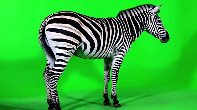 Zebra kicking hind legs forcefully against a bright green screen background for visual effects compositing