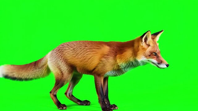 Active red fox performing a high pounce and playful jump on a bright green screen background for compositing