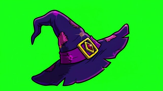 Animated cartoon witch hat tilting and wobbling side to side on a green screen chroma key background