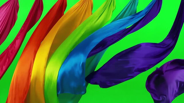 Abstract rainbow colored fabric bands waving continuously in a gentle breeze over a professional chroma key green screen
