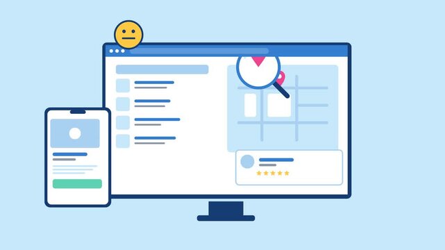 Local SEO business search animation with desktop browser results, digital map with pink location pin, five star ratings, customer reviews and smartphone, flat vector illustration