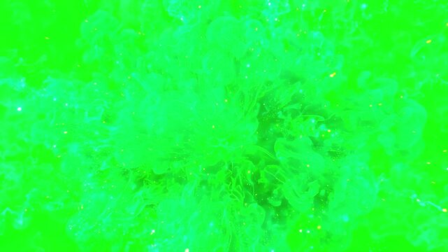 Abstract bright green particle cloud expanding rapidly against a solid chroma key background for visual effects