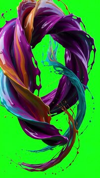 Abstract liquid organic ribbons dancing and twisting in mid-air against a bright green screen for compositing
