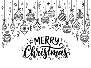 Hand-drawn Christmas baubles line art with Merry Christmas text, minimalist holiday ornaments vector, black and white festive greeting card design © ruqiya
