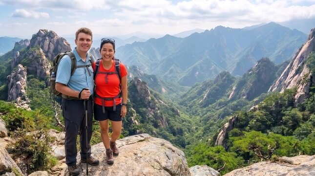 Happy couple hiking on mountain summit standing on rock against majestic granite mountain range
