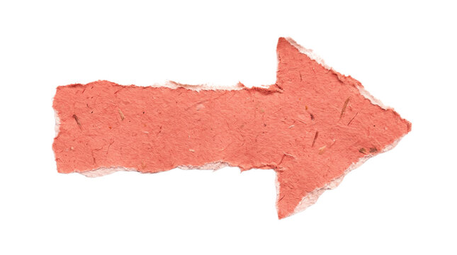 Torn red paper arrow pointing right, textured recycled paper scrap sign, handmade paper pointer isolated on white background