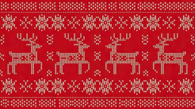 Red Christmas Seamless Pattern with Knitted Reindeer Snowflakes and Nordic Fair Isle Border Texture   