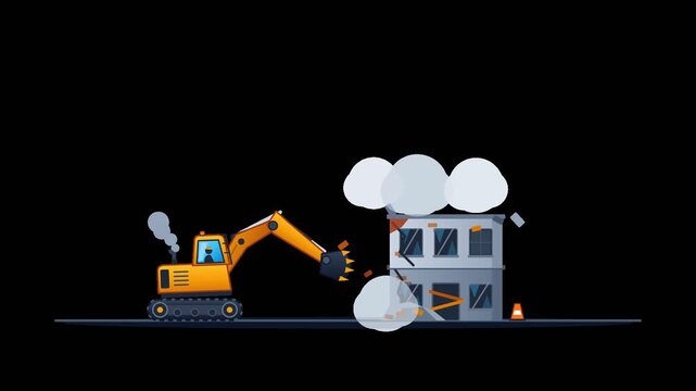An excavator demolishing a building with a wrecking ball in a flat vector illustration.