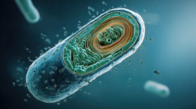 Cross-section of a Bacterium: A detailed scientific illustration reveals the intricate internal structure of a rod-shaped bacterium, showcasing its cellular components in a microscopic view.