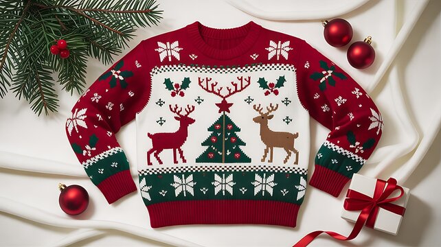 Red Christmas Knitted Sweater with Reindeer Patterns Beside Gift Box and Pine Branches on White Fabric Background