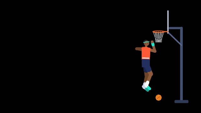Basketball player jumping near the hoop in flat vector style.