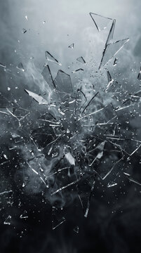 Shattered glass exploding in midair with smoke on dark gray background, high-speed shards