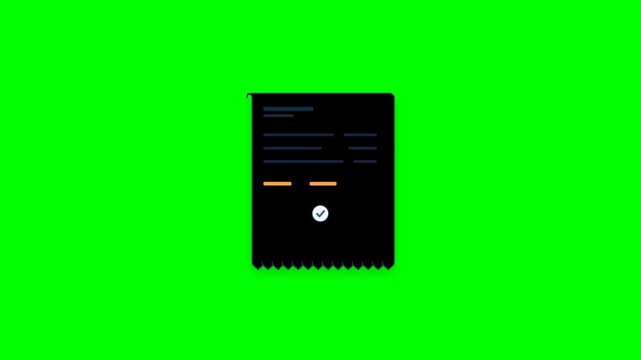 A clean flat financial receipt icon animation featuring sequential transaction details, a highlighted total line, and a check mark confirmation. Isolated on a solid green chroma key background for use
