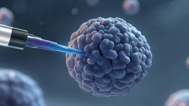 Selective focus syringe needle injecting into blue virus cell