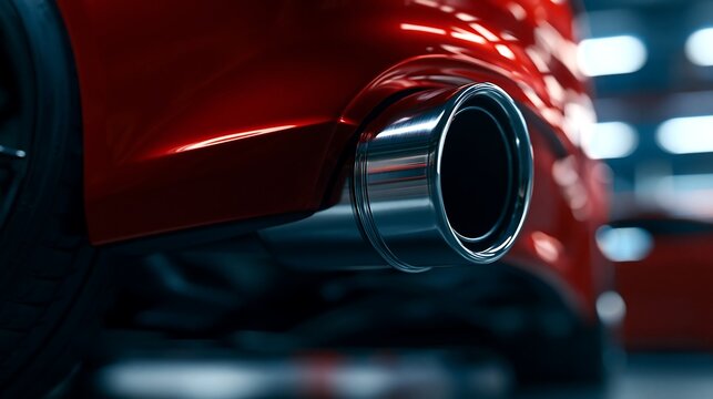 Shiny metallic car exhaust pipe isolated on transparent background. Close up automotive detail for high performance vehicle marketing and repair industry concepts.