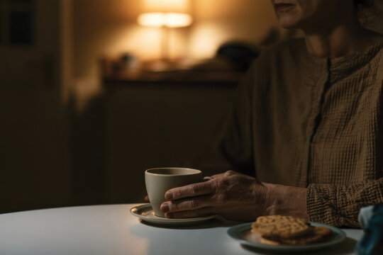 A woman enjoying a cup of coffee alongside cookies at a table, capturing a moment of relaxation and indulgence, ideal for illustrating comfort and personal enjoyment.