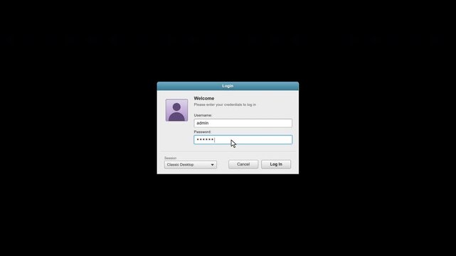 Retro UI  Login Window Animation with Typing Username and Password on Transparent Background Alpha Channel in 4K.