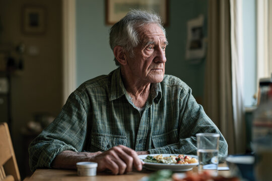 An elderly man sits quietly at a dining table, lost in his thoughts while enjoying a meal, portraying tranquility, solitude, and the simplicity of daily life.