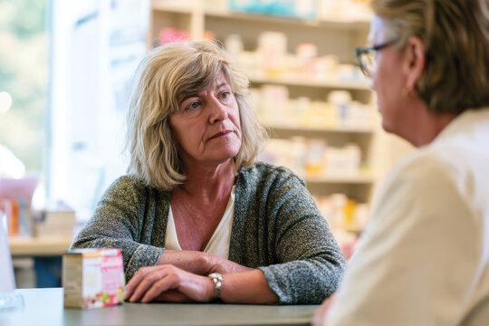 A middle-aged woman engages in a serious discussion with a pharmacist, highlighting the importance of communication in healthcare and personal well-being.