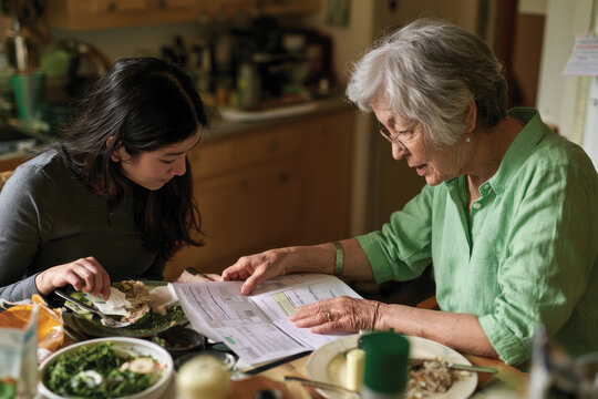 A young girl and her grandmother share an engaging moment as they review important papers together, representing connection and support within families.