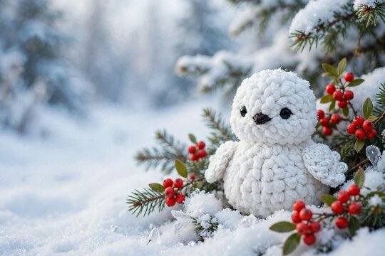Crochet baby ptarmigan in winter white plumage among red winterberries