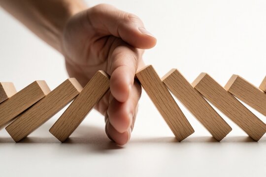 Human hand stops falling wooden domino blocks on white surface. Person prevents chain reaction by blocking collapsing timber pieces. Concept of risk management, crisis control, decision making,